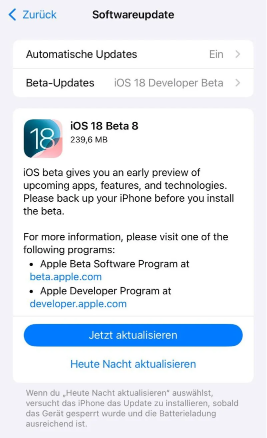 甘谷苹果手机维修分享苹果 iOS / iPadOS 18 开发者预览版 Beta 8 发布 